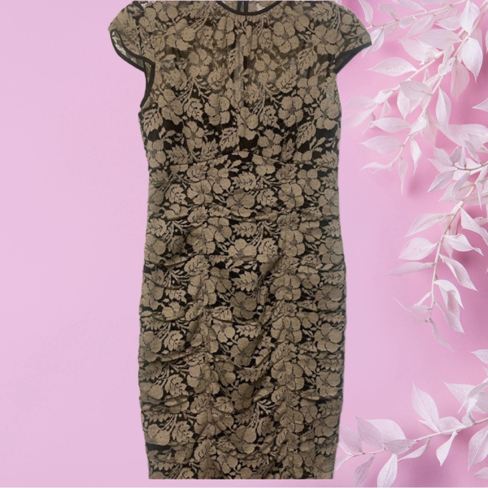 Adrianna Papell Black and Tan Floral Lace Midi Dress